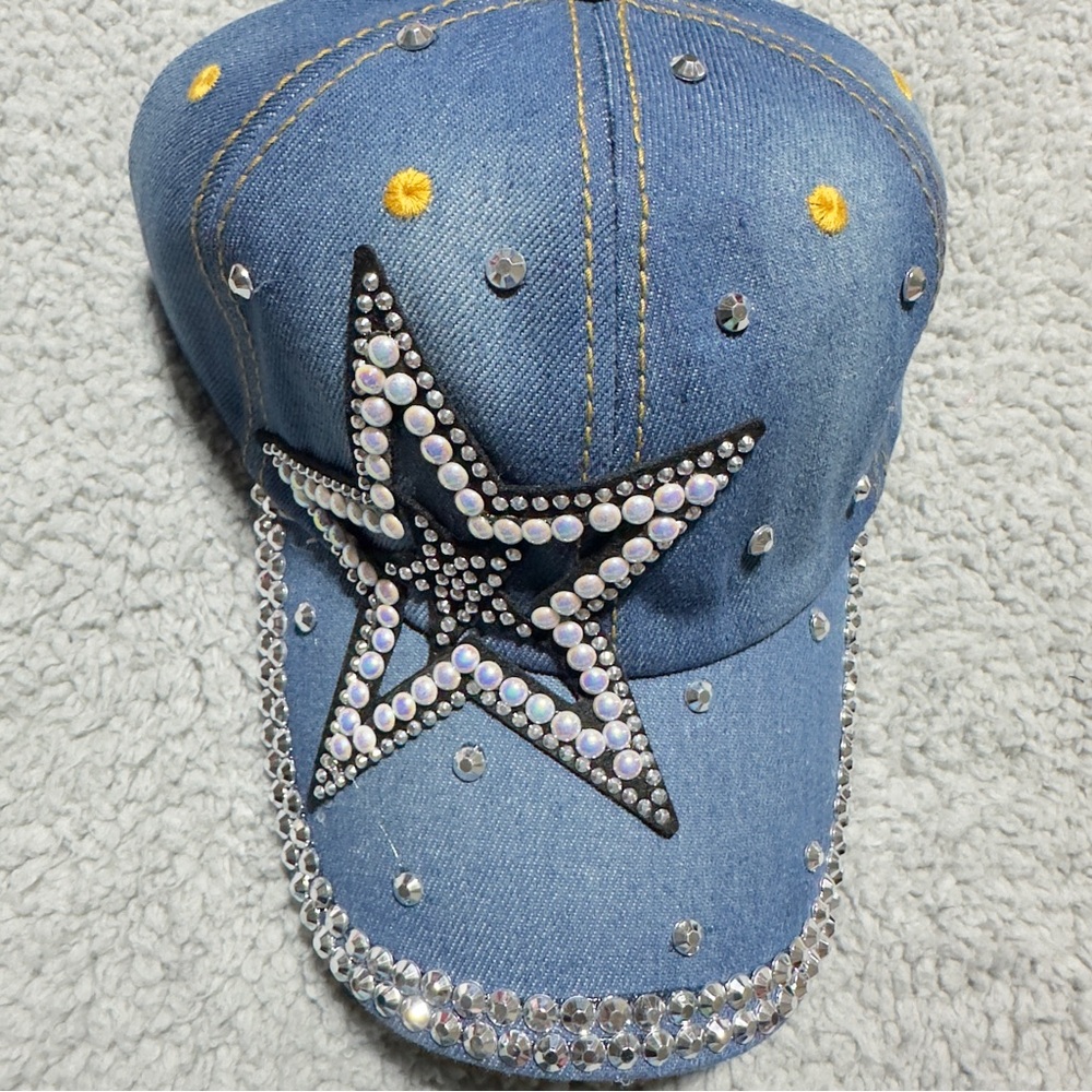 Denim Rhinestone Star Baseball Cap Blue Adjustable Bling Hat Women